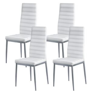 Modern Dining Room Accent Chairs Set of 4, Upholstered Leather Side Chair for Dining Tables, Space-Saving Kitchen Table Chair with Thick Cushions and Metal Legs, White