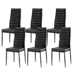 Modern Dining Room Accent Chairs Set of 6, Upholstered Leather Side Chair for Dining Tables, Space-Saving Kitchen Table Chair with Thick Cushions and Metal Legs, Black