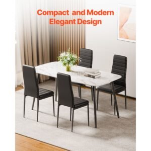 modern dining room accent chairs set of 6, upholstered leather side chair for dining tables, space saving kitchen table chair with thick cushions and metal legs, black