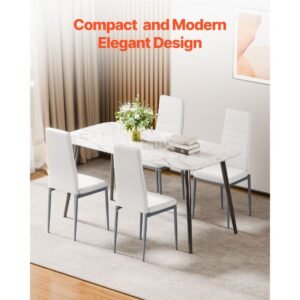 modern dining room accent chairs set of 6, upholstered leather side chair for dining tables, space saving kitchen table chair with thick cushions and metal legs, white