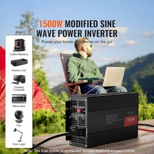 modified sine wave inverter, 1500w, dc 12v to ac 120v power inverter with 2 ac outlets 2 usb port 1 type c port 6 spare fuses, for small home devices like smartphone laptop, ce fcc certified