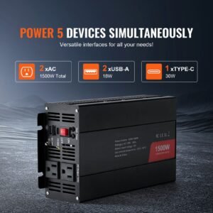 modified sine wave inverter, 1500w, dc 12v to ac 120v power inverter with 2 ac outlets 2 usb port 1 type c port 6 spare fuses, for small home devices like smartphone laptop, ce fcc certified