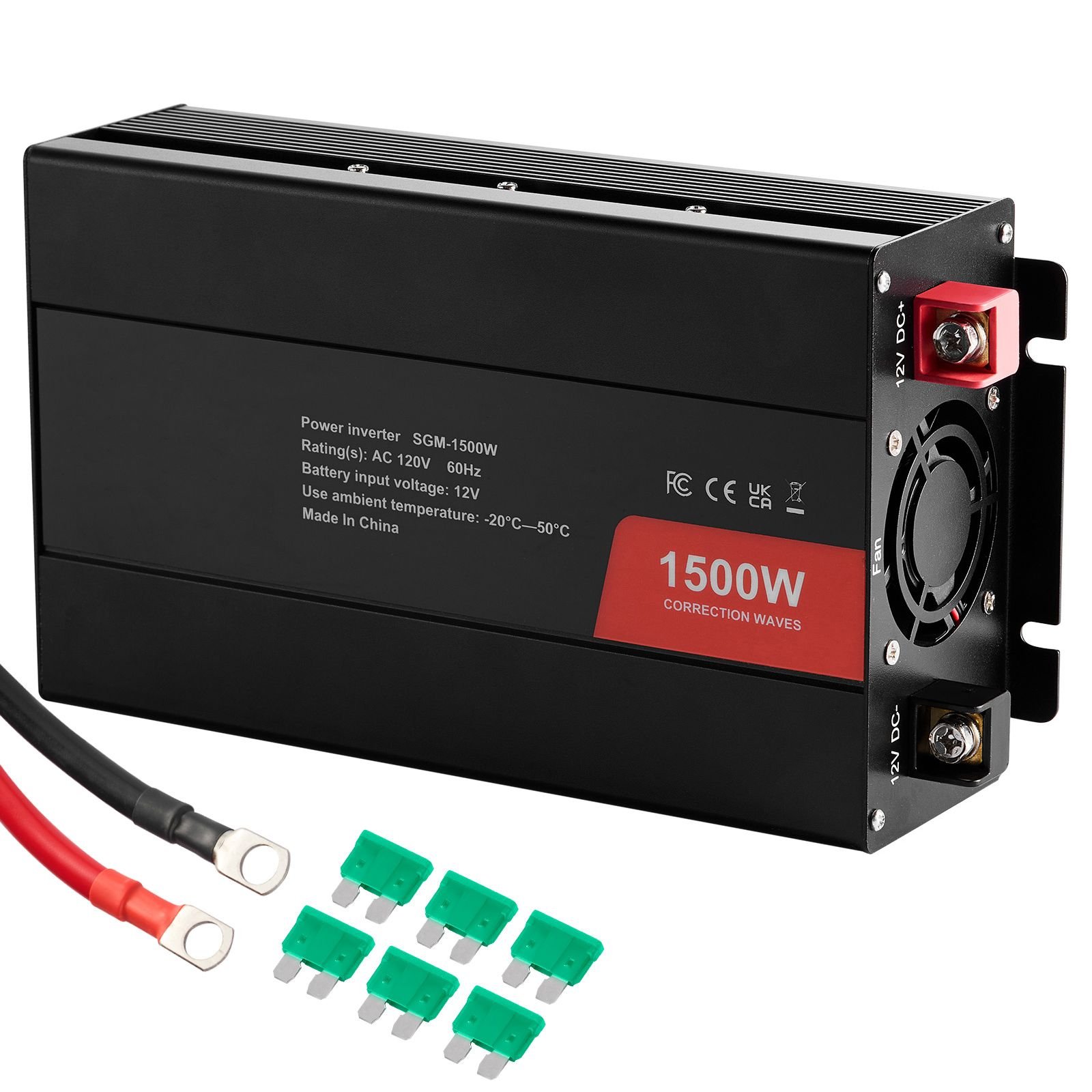 modified sine wave inverter, 1500w, dc 12v to ac 120v power inverter with 2 ac outlets 2 usb port 1 type c port 6 spare fuses, for small home devices like smartphone laptop, ce fcc certified
