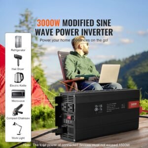 modified sine wave inverter, 3000watt, dc 12v to ac 120v lcd display power inverter with 3 ac outlets 2 usb port 1 type c port 10 spare fuses, for large household equipment, ce fcc certified