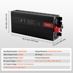 modified sine wave inverter, 3000watt, dc 12v to ac 120v lcd display power inverter with 3 ac outlets 2 usb port 1 type c port 10 spare fuses, for large household equipment, ce fcc certified