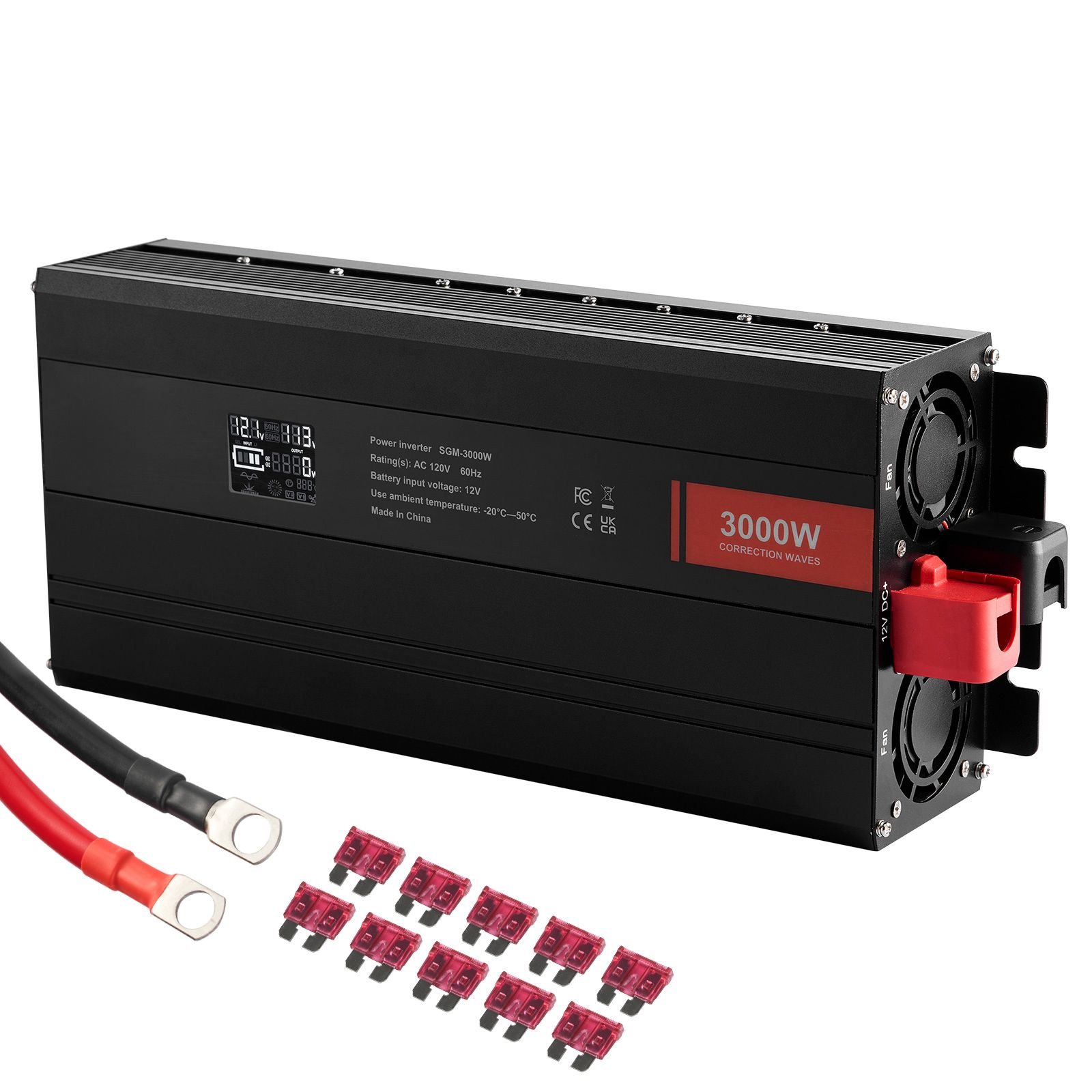 modified sine wave inverter, 3000watt, dc 12v to ac 120v lcd display power inverter with 3 ac outlets 2 usb port 1 type c port 10 spare fuses, for large household equipment, ce fcc certified