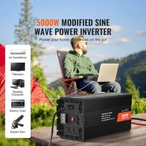 modified sine wave inverter, 5000w, dc 12v to ac 120v power inverter with 6 ac outlets 2 usb port 1 type c port, lcd display and remote controller for high load home appliances, ce fcc certified