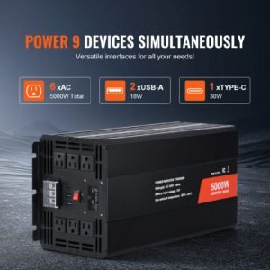 modified sine wave inverter, 5000w, dc 12v to ac 120v power inverter with 6 ac outlets 2 usb port 1 type c port, lcd display and remote controller for high load home appliances, ce fcc certified