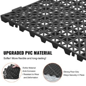 modular interlocking cushion, 12 pack 12" x 12" splicing drainage mats, soft pvc interlocking drainage floor tiles, non slip drainage holes for restroom, bathroom, kitchen, pool, wet areas, blac