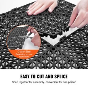 modular interlocking cushion, 12 pack 12" x 12" splicing drainage mats, soft pvc interlocking drainage floor tiles, non slip drainage holes for restroom, bathroom, kitchen, pool, wet areas, blac