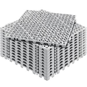 modular interlocking cushion, 12 pack 12" x 12" splicing drainage mats, soft pvc interlocking drainage floor tiles, non slip drainage holes for restroom, bathroom, kitchen, pool, wet areas, gray