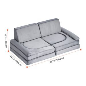 modular kids play couch, sectional toddler sofa with armrests, 28d sponge & short pile, convertible kids modular couch diy creative combination for playroom, bedroom, living room, 10 pcs, gray
