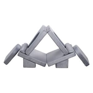 modular kids play couch, sectional toddler sofa with armrests, 28d sponge & short pile, convertible kids modular couch diy creative combination for playroom, bedroom, living room, 10 pcs, gray