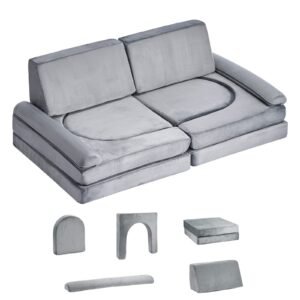 Modular Kids Play Couch, Sectional Toddler Sofa with Armrests, 28D Sponge & Short Pile, Convertible Kids Modular Couch DIY Creative Combination for Playroom, Bedroom, Living Room, 10 Pcs, Gray