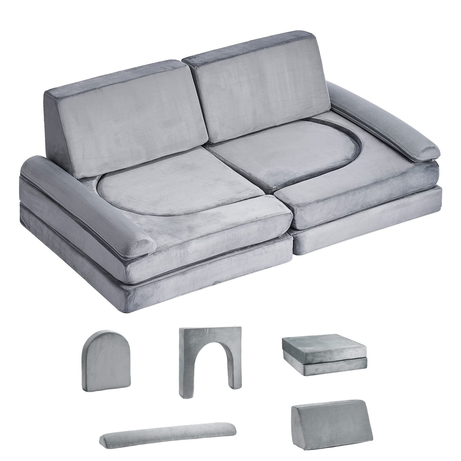 modular kids play couch, sectional toddler sofa with armrests, 28d sponge & short pile, convertible kids modular couch diy creative combination for playroom, bedroom, living room, 10 pcs, gray