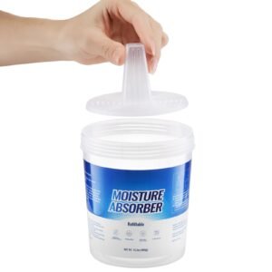 moisture absorber bucket, 2 packs 16.2 oz hi capacity moisture absorber bucket with 800ml storage area & reusable outer bucket for long term use, fragrance free moisture absorber for fresher air