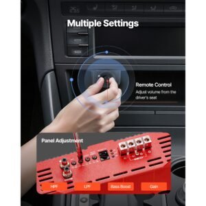 monoblock car amplifier, 2000w rms max, 1/2/4 ohm stable, 1 channel class d car audio amplifier with remote subwoofer level control, low pass filter and bass boost, volume controller included