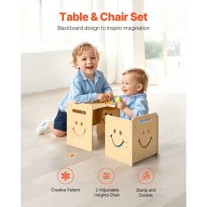 montessori weaning table and chair set, 3 in 1 wooden toddler table and chairs with chalkboard, adjustable height montessori table for ages 1 5, ideal for drawing, reading, eating natural