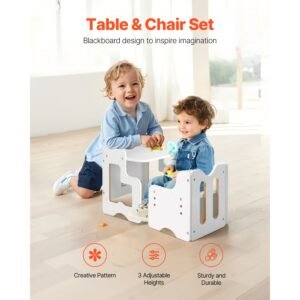 montessori weaning table and chair set, 3 in 1 wooden toddler table and chairs with chalkboard, adjustable height montessori table for ages 1 5, ideal for drawing, reading, eating white