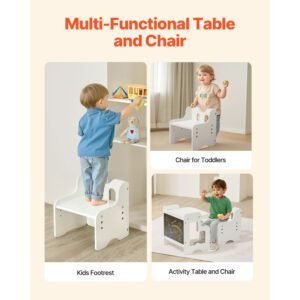 montessori weaning table and chair set, 3 in 1 wooden toddler table and chairs with chalkboard, adjustable height montessori table for ages 1 5, ideal for drawing, reading, eating white
