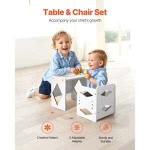 montessori weaning table and chair set, wooden toddler table and chair set for aged 1 5, adjustable height kids montessori chair and activity table, ideal for reading, eating, playing white