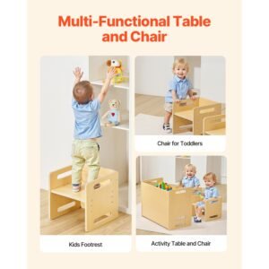 montessori weaning table and chair set, wooden toddler table and chair set with 2 chairs, adjustable height montessori chair and activity table, ideal for reading, eating, playing natural