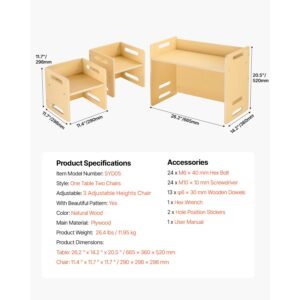 montessori weaning table and chair set, wooden toddler table and chair set with 2 chairs, adjustable height montessori chair and activity table, ideal for reading, eating, playing natural