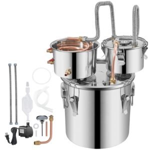 Moonshine Still Distiller 3Gal 12L Stainless Steel Water Distiller Copper Tube with Circulating Pump Home Brewing Kit Build-in Thermometer for DIY Whisky Wine Brandy Spirits