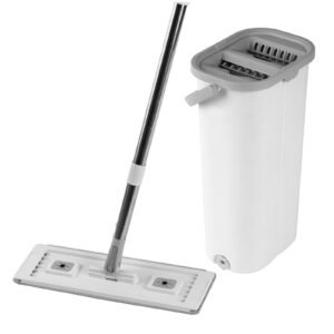mop and bucket with wringer set, wet & dry use, flat mop and bucket system with 3 washable microfiber pads, flat mop with stainless steel handle, mop bucket set for hardwood tile vinyl