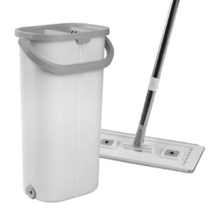 mop and bucket with wringer set, wet & dry use, flat mop and bucket system with 3 washable microfiber pads, flat mop with stainless steel handle, mop bucket set for hardwood tile vinyl
