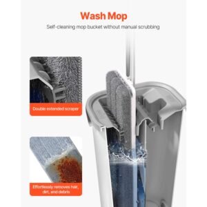 mop and bucket with wringer set, wet & dry use, flat mop and bucket system with 3 washable microfiber pads, flat mop with stainless steel handle, mop bucket set for hardwood tile vinyl