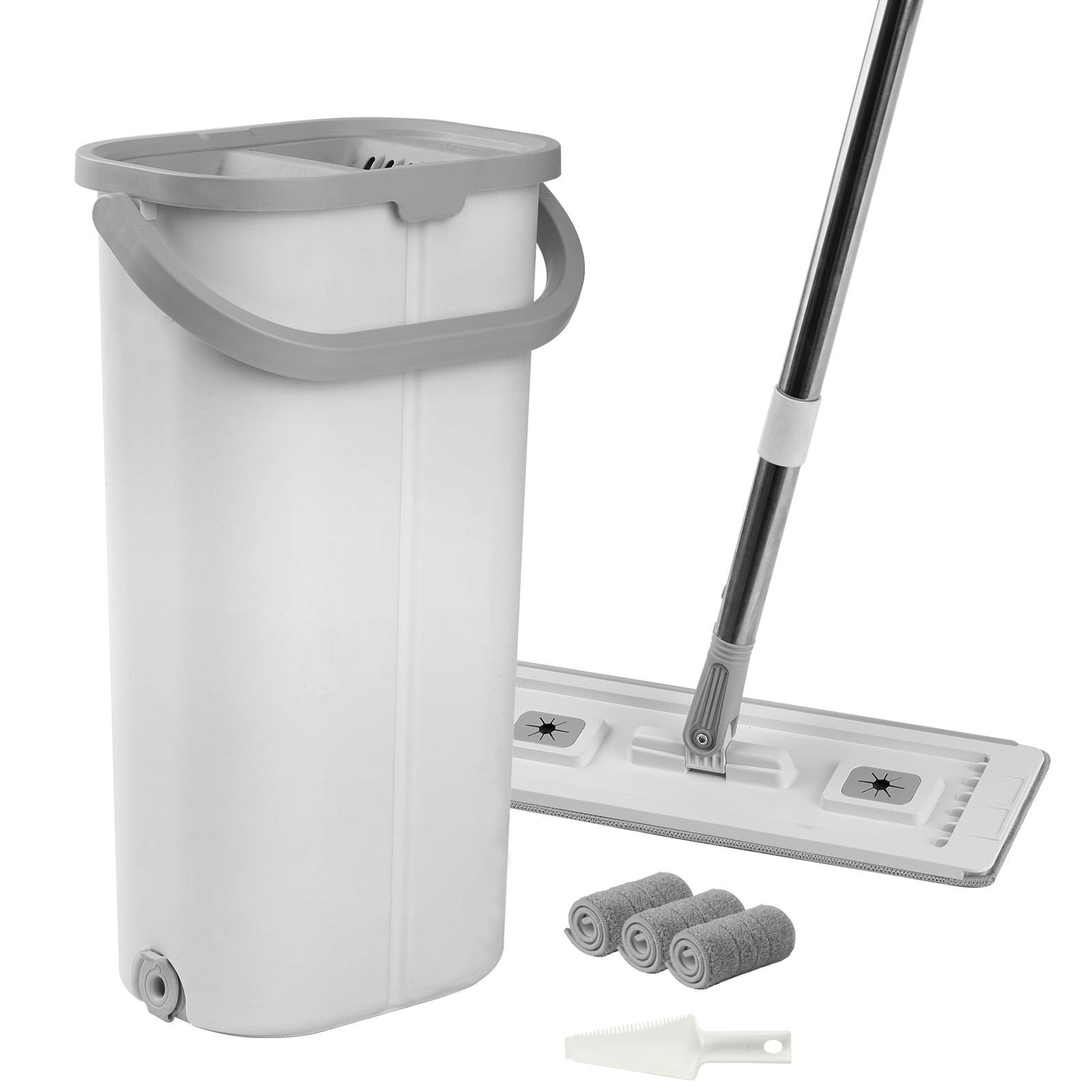 mop and bucket with wringer set, wet & dry use, flat mop and bucket system with 3 washable microfiber pads, flat mop with stainless steel handle, mop bucket set for hardwood tile vinyl