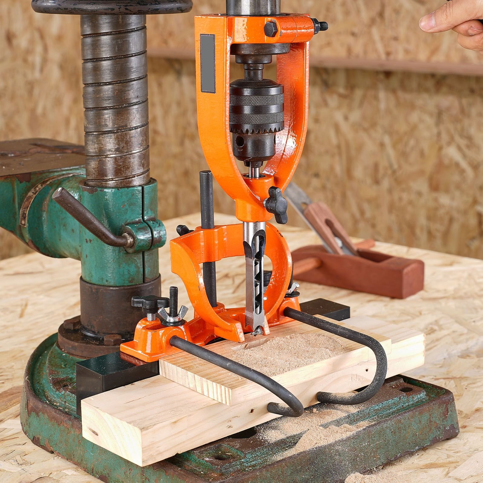 mortising attachment for drill press, 4 model drills square hole chisel set, bench drill locator set mortise and tenon tools with 5 bushings, for woodworking mortising tenoning drilling machine