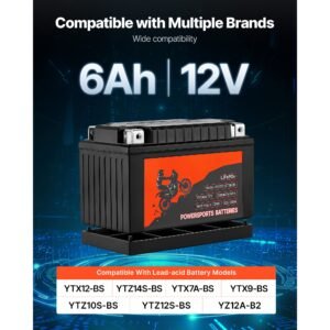 motorcycle battery, 12 volt 6ah, lifepo4 lithium pre charged powersports battery, maintenance free & high performance, compatible with atv, motorcycle, jet skis, scooter, utv, and more