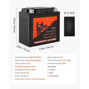 motorcycle battery, 12 volt 7ah, lifepo4 lithium pre charged powersports battery, maintenance free & high performance, compatible with atv, motorcycle, jet skis, scooter, utv, and more