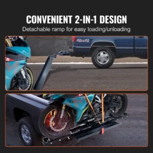 motorcycle carrier, 600 lbs steel motorcycle carrier hitch mount with loading ramp, scooter dirt bike trailer hauler with ratchet straps and stabilizer, for car, truck with 2" hitch receiver