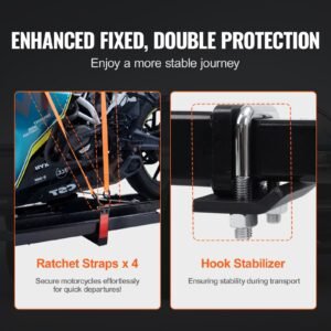 motorcycle carrier, 600 lbs steel motorcycle carrier hitch mount with loading ramp, scooter dirt bike trailer hauler with ratchet straps and stabilizer, for car, truck with 2" hitch receiver