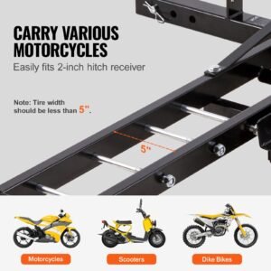 motorcycle carrier, 600 lbs steel motorcycle carrier hitch mount with loading ramp, scooter dirt bike trailer hauler with ratchet straps and stabilizer, for car, truck with 2" hitch receiver
