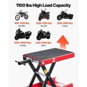 motorcycle lift, 1100 lbs motorcycle scissor lift jack with wide deck & lock pin, 3.74" 13.38" center hoist crank stand, steel scissor jack for street bikes, cruiser bikes, touring, red/black