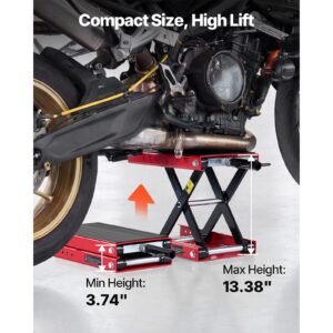 motorcycle lift, 1100 lbs motorcycle scissor lift jack with wide deck & lock pin, 3.74" 13.38" center hoist crank stand, steel scissor jack for street bikes, cruiser bikes, touring, red/black