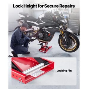 motorcycle lift, 1100 lbs motorcycle scissor lift jack with wide deck & lock pin, 3.74" 13.38" center hoist crank stand, steel scissor jack for street bikes, cruiser bikes, touring, red/black
