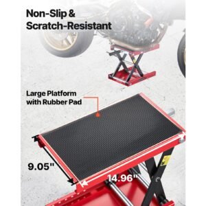 motorcycle lift, 1100 lbs motorcycle scissor lift jack with wide deck & lock pin, 3.74" 13.38" center hoist crank stand, steel scissor jack for street bikes, cruiser bikes, touring, red/black