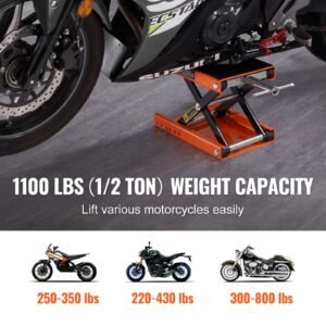 motorcycle lift, 1100 lbs motorcycle scissor lift jack with wide deck & safety pin, 3.7" 13.8" center hoist crank stand, steel scissor jack for street bikes, cruiser bikes, touring motorcycles