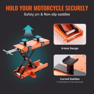 motorcycle lift, 500 kg motorcycle center scissor lift jack with saddle & safety pin, steel motorcycle jack hoist stand for street bikes, cruiser bikes, touring motorcycles
