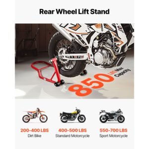 motorcycle rear wheel stand, 850 lbs load capacity heavy duty rear wheel stand with u + l fork swingarm spool, adjustabe motorcycle lift jack stand, for suzuki yamaha honda kawasaki, red