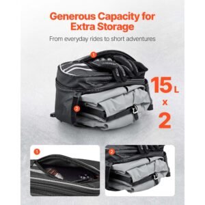 motorcycle saddlebag, 30 l (15 l x 2) large capacity side saddle bag with waterproof rain cover and straps, compatible with most motorcycles, outdoor sports motorbike luggage storage bag, black