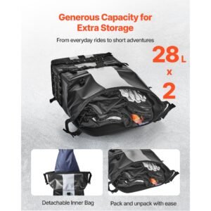 motorcycle saddlebag, 56 l (28 l x 2) large capacity side saddle bag compatible with most motorcycles, waterproof fabric outdoor sports motorbike luggage storage with detachable inner bag, black