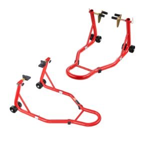 motorcycle stand lift, 850lbs capacity front rear combo stand lift, front wheel dual fork stand, rear u+l fork swingarm spool stand, for most yamaha honda kawasaki suzuki motorcycles, red