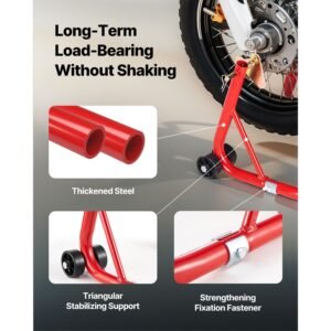 motorcycle stand lift, 850lbs capacity front rear combo stand lift, front wheel dual fork stand, rear u+l fork swingarm spool stand, for most yamaha honda kawasaki suzuki motorcycles, red