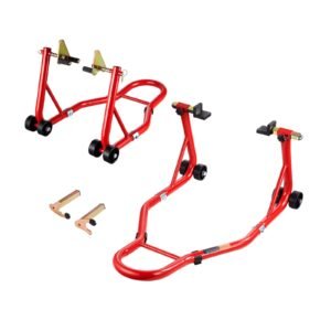 Motorcycle Stand Lift, 850lbs Capacity Front Rear Combo Stand Lift, Front Wheel Dual-Fork Stand, Rear U+L Fork Swingarm Spool Stand, for Most Yamaha Honda Kawasaki Suzuki Motorcycles, Red